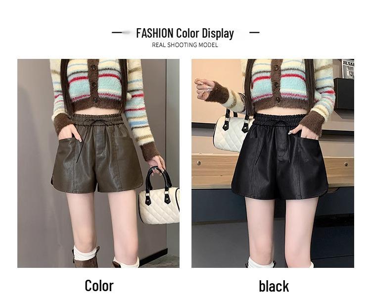 Women's Black PU Leather High Waist Wide-Leg Shorts - 2024 Autumn/Winter Collection