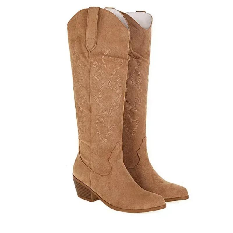 Pointed Toe Knight Boots for Women Brown PU Leather Knee High Boots Woman  Autumn Winter Western Cowboy Long Botas Mujer 2024