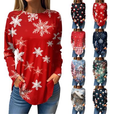 Kadın Gevşek Yuvarlak Yaka Noel Baskılı Uzun Kollu Tişört Üst Kazak Uzun Kollu Sweatshirt