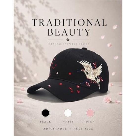 Haveri Cap Crane Embroidery Japanese Pattern Men Women Hat Free Size Adjustable Style