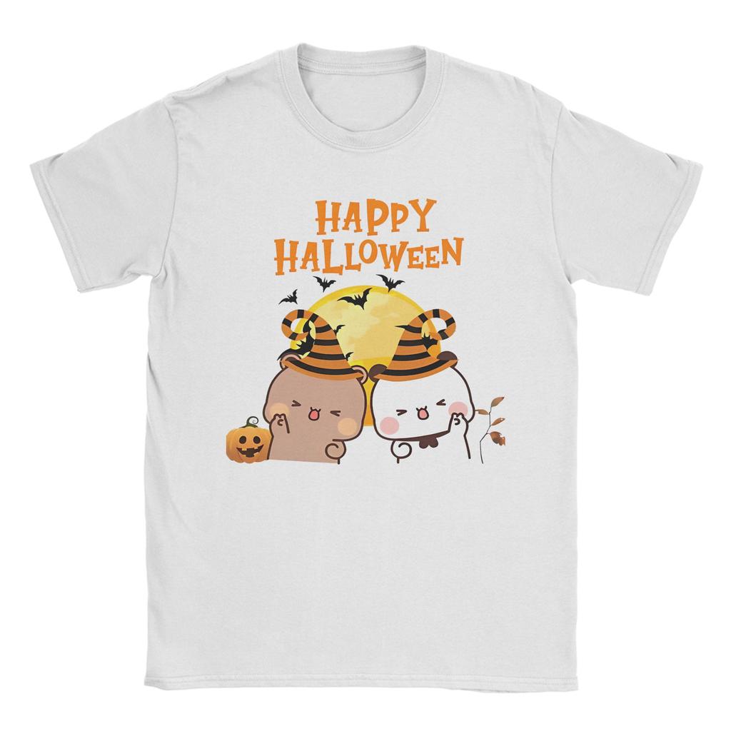 DuDu Bear and BuBu Panda Halloween T Shirt Men's Cotton Tops Aesthetic Kawaii Round Neck Short Sleeve