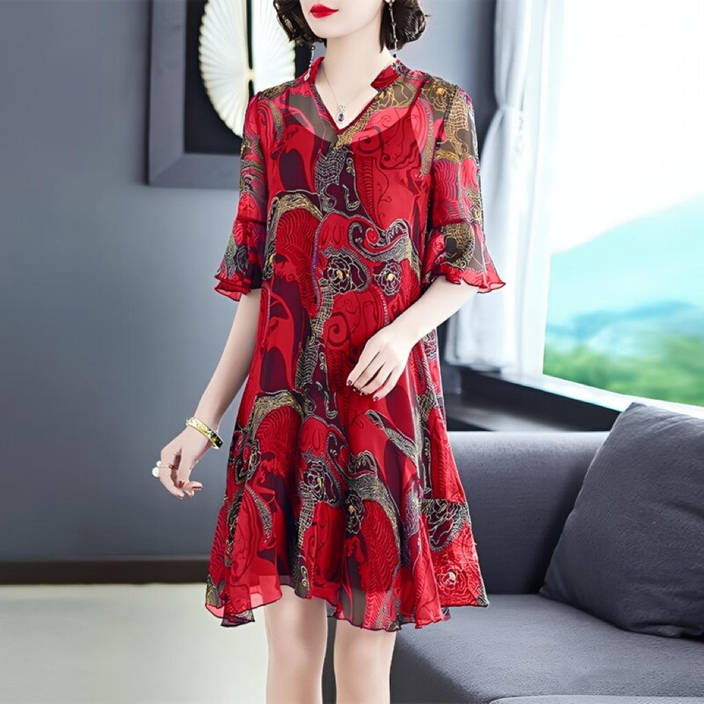 Single-layer Large-size Skirt for Women's Summer New Loose Belly Covering Middle-aged Mother Age-reducing Printed Thin Dress