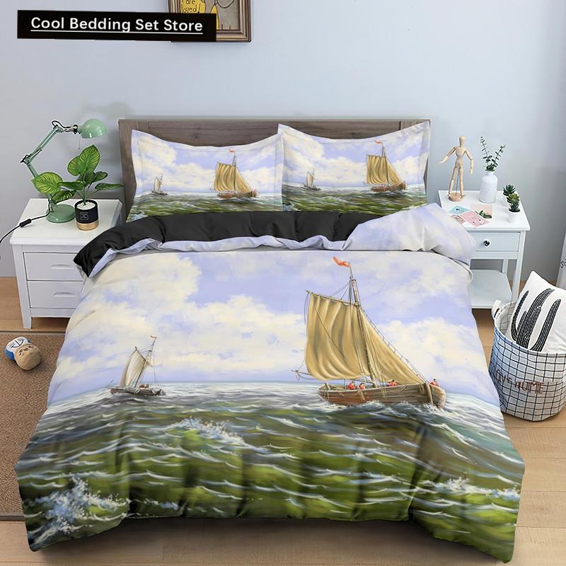 Nautical Sailboat Duvet Cover Queen King Size 3D Oil Painting Boat Style Bedding Set Ocean Soft 2/3pcs Polyester Quilt Cover