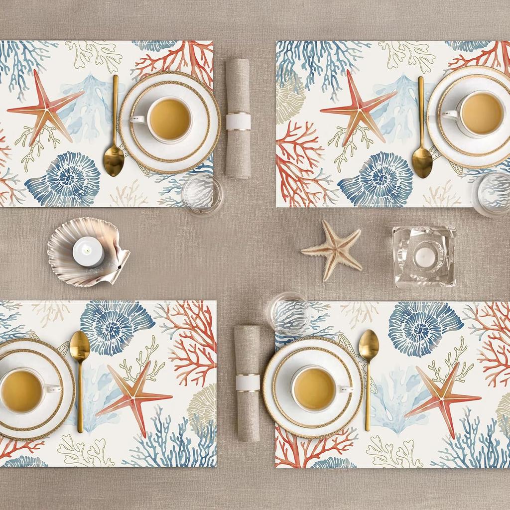 Bonhause Nautical Coastal Placemats Set of 4, 12x18 Inch Ocean Themed Starfish Coral Beach Kitchen Dining Table Mats Washable Place Mats for Indoor