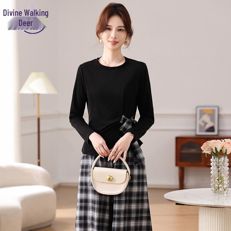 

Elegant Middle-Aged Women s Spring Suit: Long-Sleeved Top & Plaid Trousers Two-Piece Set 3XL [120-135 lbs] чёрный
