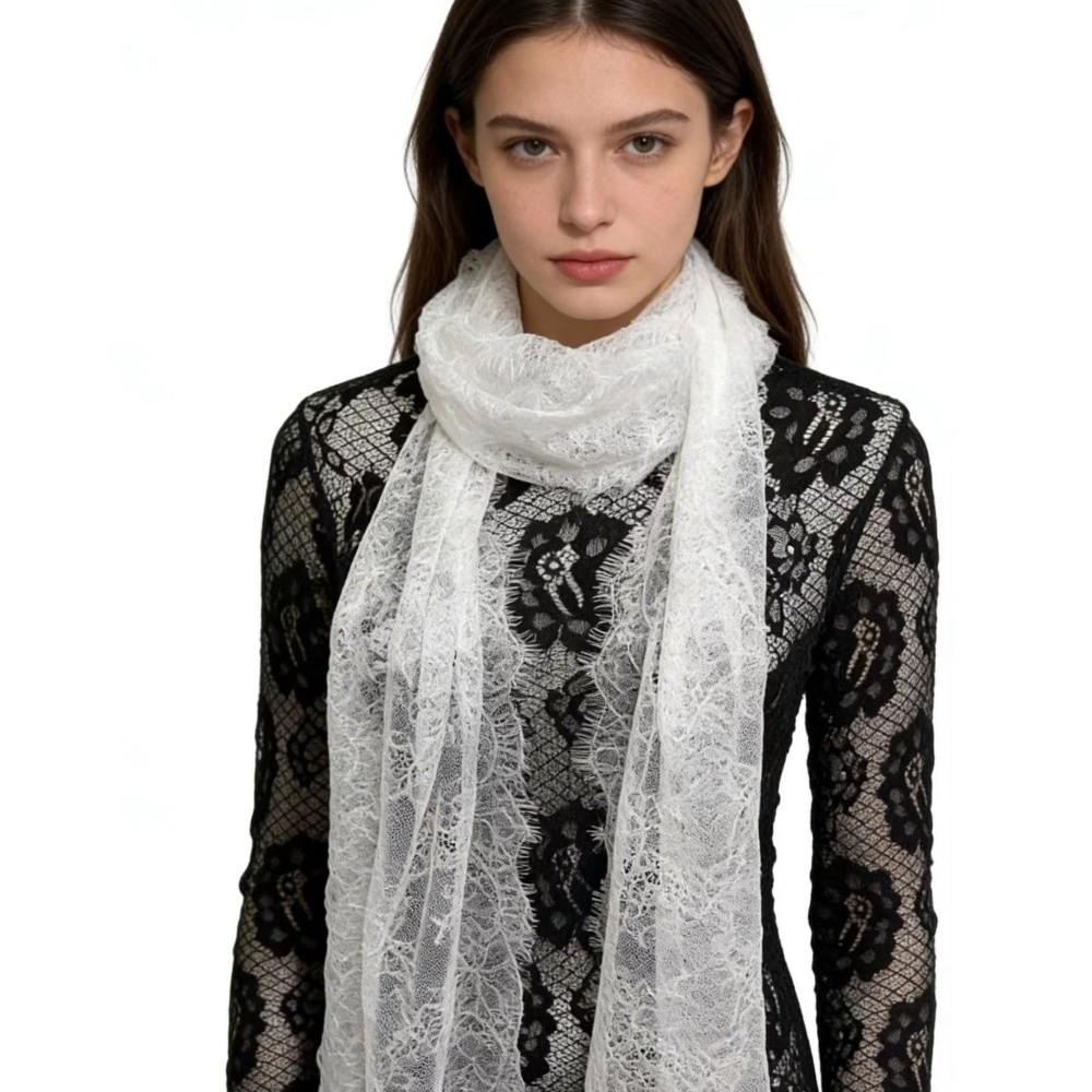 Solid Color Lace Scarf Long Decorative Scarf Elegant Flower Embroidered Veil