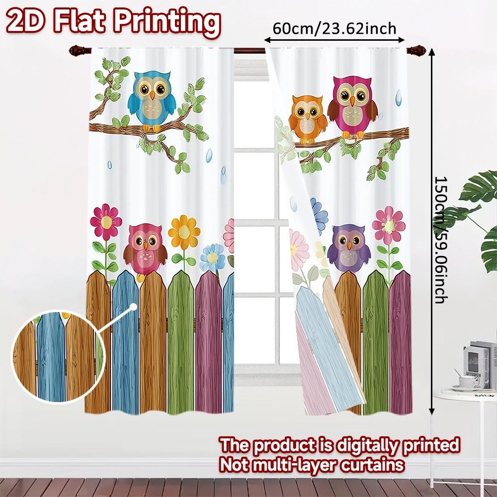 Set Of 2 Flat Printing Party Window Curtains Colorful Owls Branch Digital Printed Polyester Drapes Festive Use Curtain