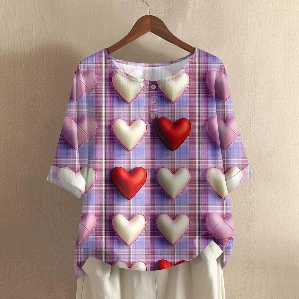 Damska koszulka z nadrukiem na Walentynki, casualowa, z krótkim rękawem, okrągłym dekoltem, z bawełny i lnu