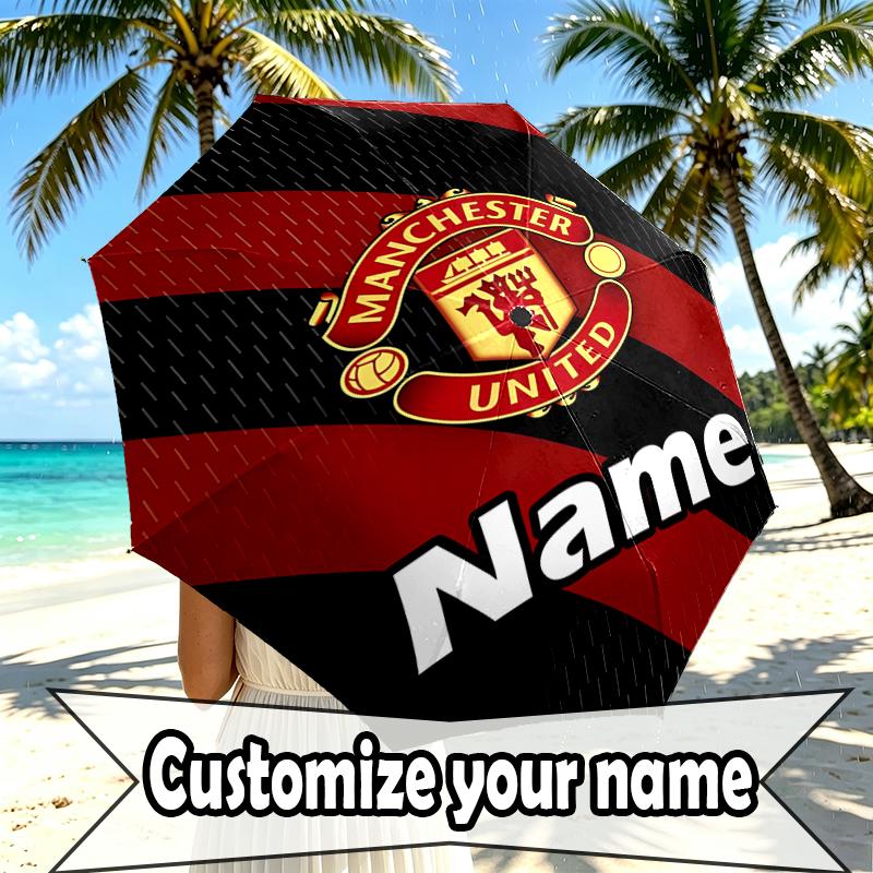 Custom Name Personalized Manchester Football F.C Print Umbrella, Auto Open Close, 8‑Rib Sturdy Frame, Commute Camping Hiking Use, Birthday Gift
