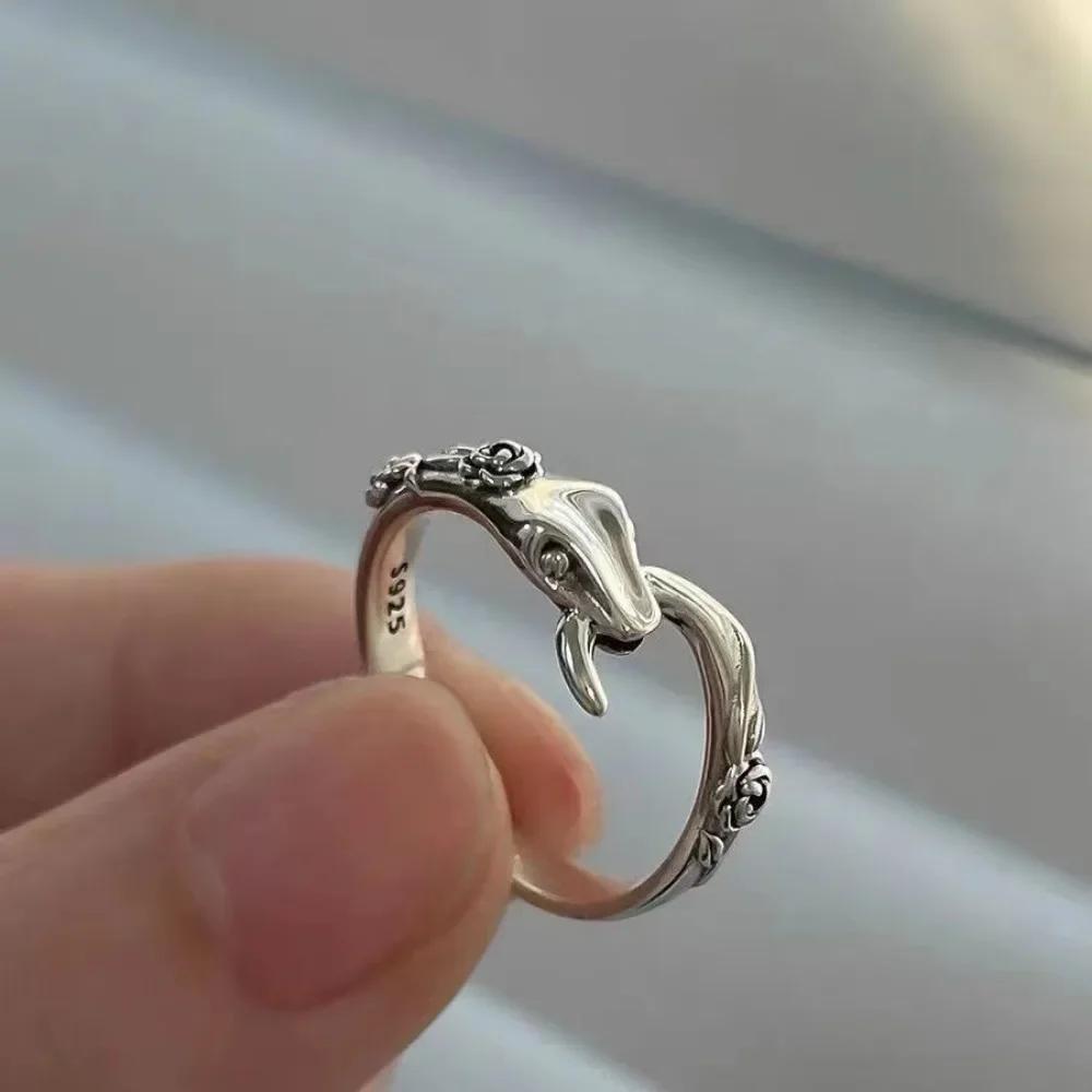 Retro Animal Snake Tail Opening Couple Rings for Women Men Punk Personality Rose Finger Ring Hip Hop Rock Zircon Accessories
