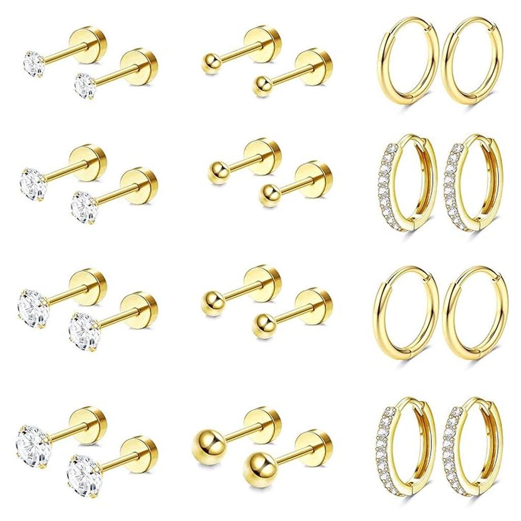Stainless Steel European-American Style Stud & Hoop Earring Set