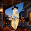 Straszna Dekoracja Balkonu z Ducha Halloweenowa Wisząca Dekoracja Zewnętrzna, Oświetlana LEDem Ozdoba Latającej Wiedźmy na Miotle do Domu, Drzewa, Werandy, Patio, Trawnika,