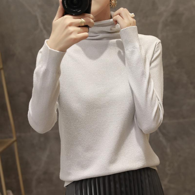 

Bright silk long-sleeved sweater women s thin new autumn and winter loose pullover heap collar bottoming sweater knitted sweater winter S