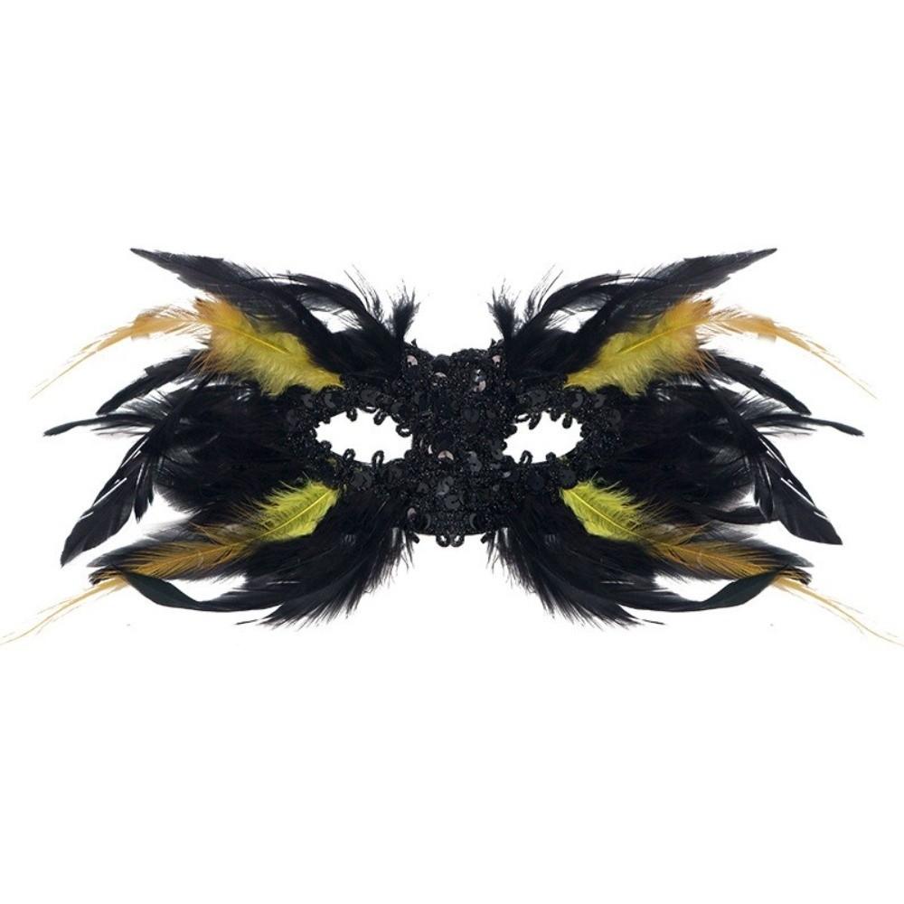 Maskenballmaske im Vintage-Stil, Halbgesichtsmaske, Schwarze Feder-Pailletten-Verzierung, Maskenball, Gotisches Design, Große Hörner Augenmaske, Abschlussball-Event