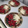 Christmas Themed Exquisite Printed Wavy Placemats, Red Berries, and Golden Pine Branch Patterns, Non-slip, Heat-resistant, Suitable for Holiday Table