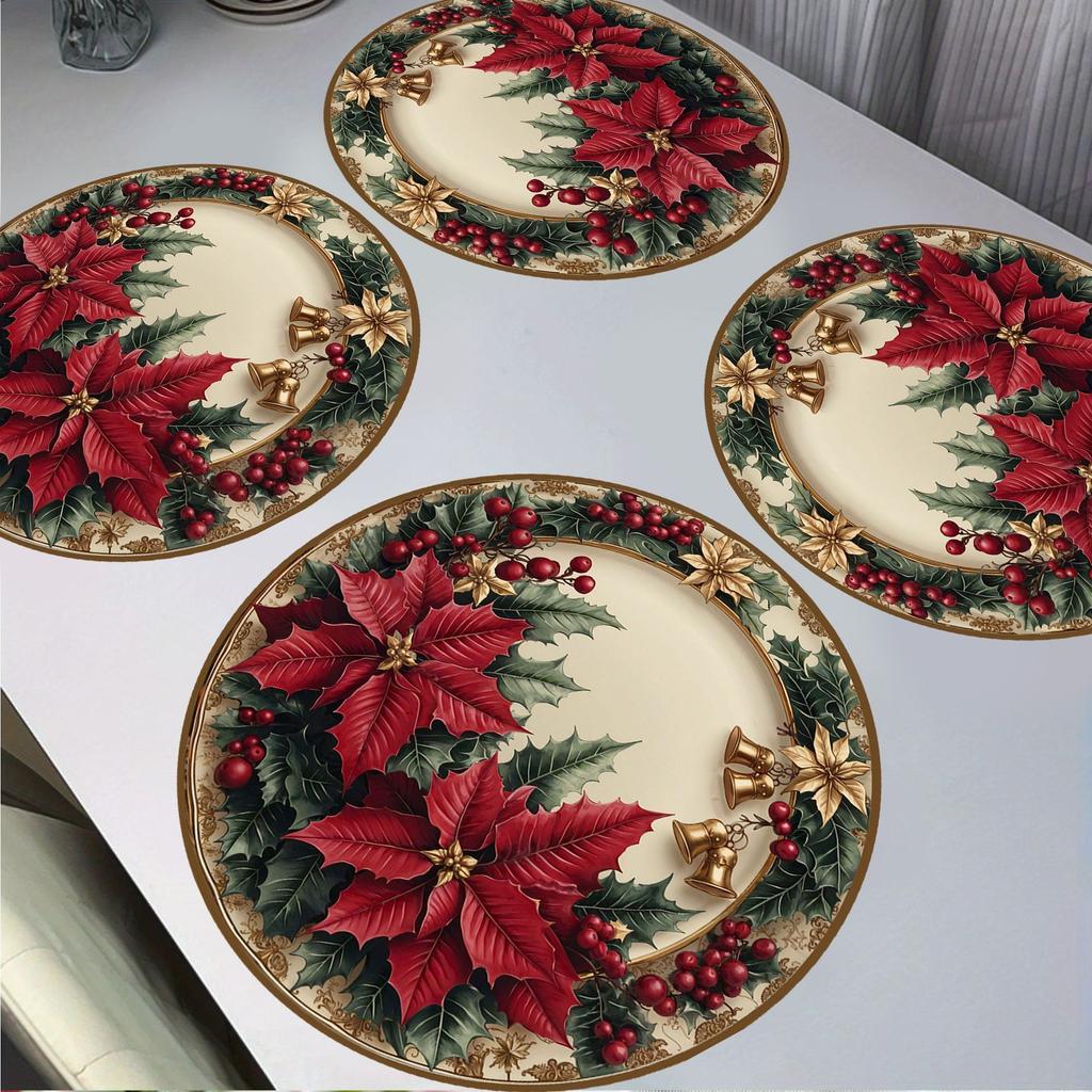 Christmas Themed Exquisite Printed Wavy Placemats, Red Berries, and Golden Pine Branch Patterns, Non-slip, Heat-resistant, Suitable for Holiday Table