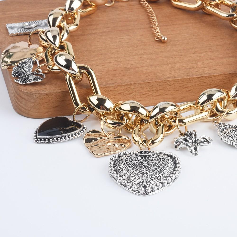 Gold Chunky Link Chain Charm Necklace, Multi Vintage Heart Pendant Statement Necklace for Women
