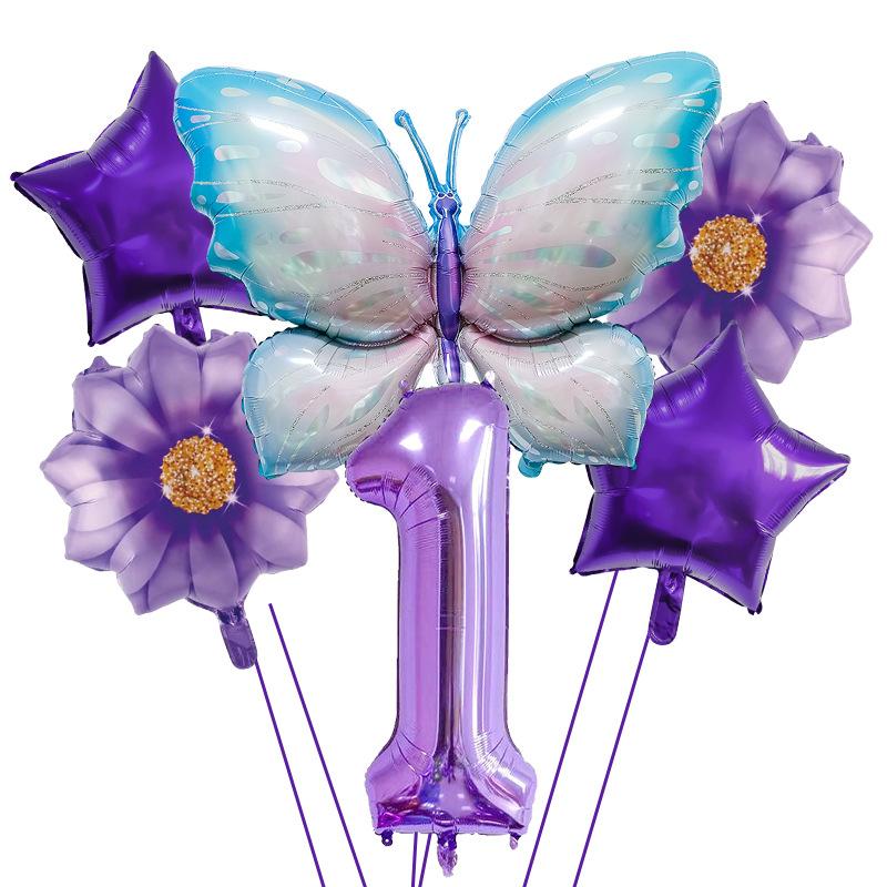 

6-Piece Butterfly Digital Balloon Set 40-inch Large Digital Butterfly Aluminum Film Balloon Birthday Party Decoration Purple Number 1