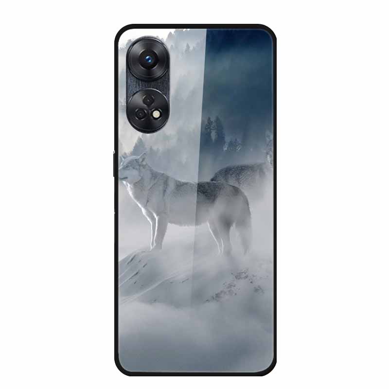 For Oppo Reno8 T 4G Case Luxury Tempered Glass Back Cover Hard Case For Reno8 T 4G 6.43" Capa Funda Animal Vividly Coque Wolf