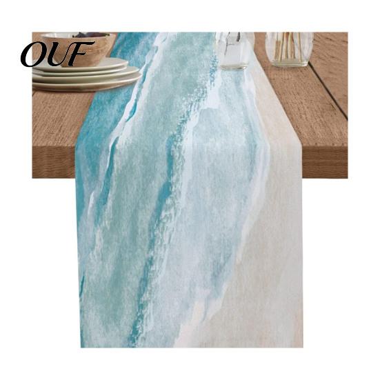 Modern Farmhouse Table Runner Summer Beach Runner, Ocean Wave Coastal Tropical Decoration for Home House Party Decor Theme