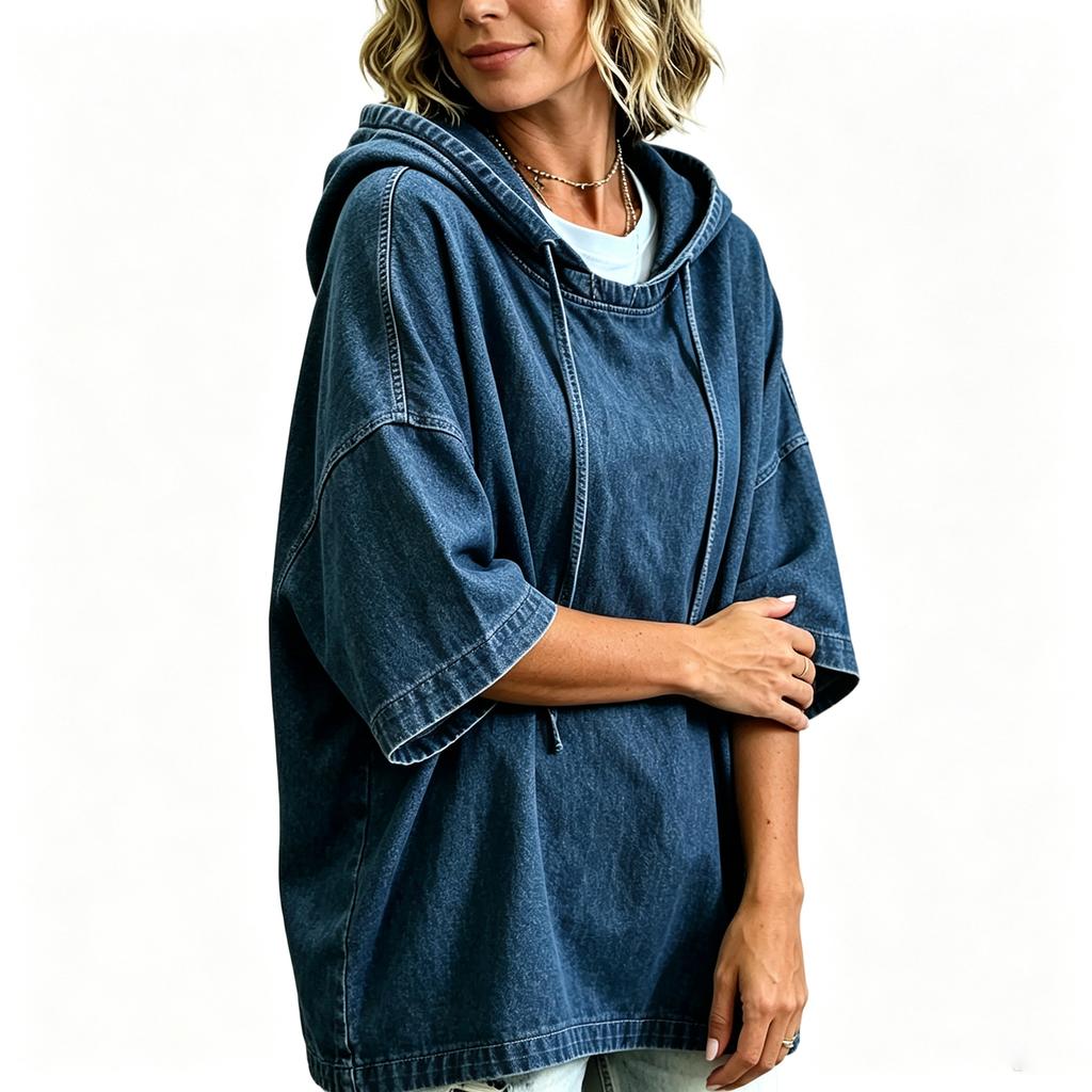 Giacca di Jeans Casual da Donna con Cappuccio e Maniche a Tre Quarti Vestibilità Larga