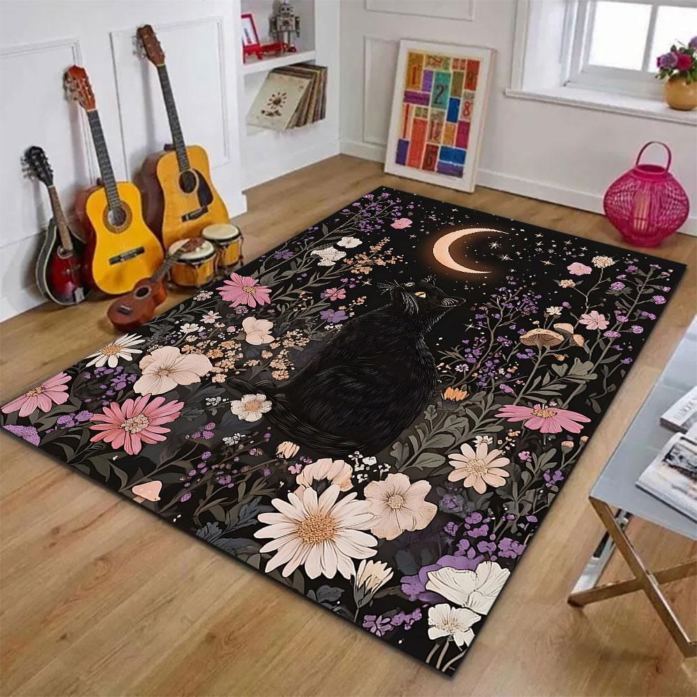 Black Cat Under Moonlit Floral Sky Patterned carpet, suitable as a non slip play mat for the living room and bedroom sofa