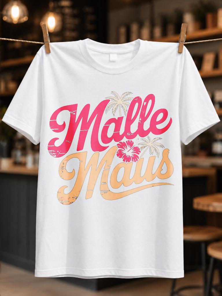 Malle Maus Tropical Distressed Pink And Peach Script With Hibiscus Flower And Palm Accents Vacation Unisex All TShirt