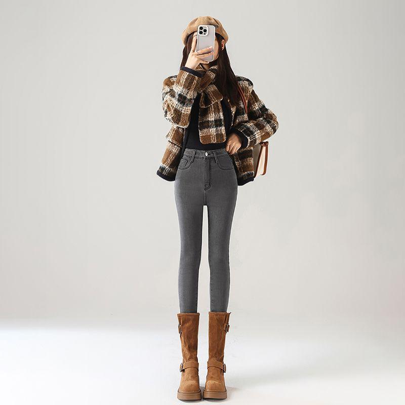 Winter Fleece Lined Warm Stretch High Waist Slim Skinny Denim Pants For Ladies Casual Pants Oversize Denim Trousers