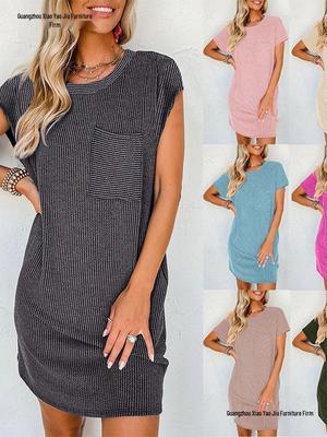 2026 Summer Women's Casual Color Block Wave Stripe Pocket Dress with Short Sleeves