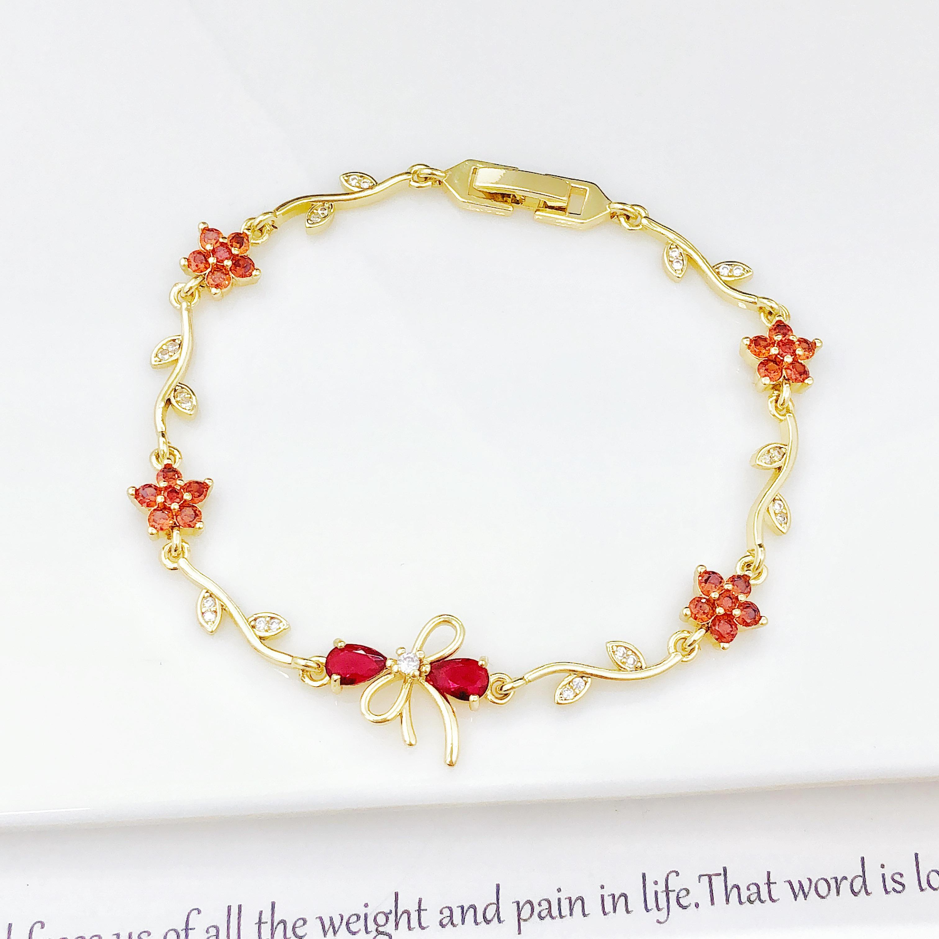 Trendy Multicolor Zircon Tulip Flower Bracelet Gold Plated Leaf Vine Chain Bracelet Romantic Wedding Party Zircon for Women 18.5cm