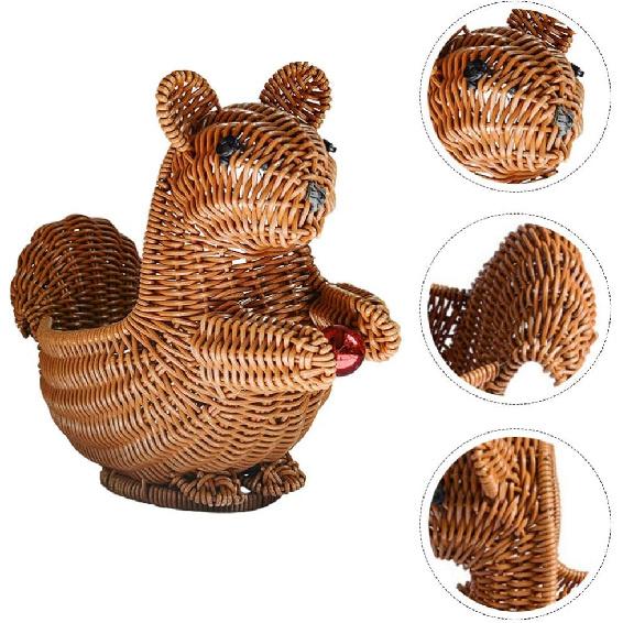 EXCEART Squirrel Shape Woven Storage Basket with Lid - Handwoven Rattan Storage Basket Organizer Squirrel Shape Woven Wicker Food Fruit Vegetable