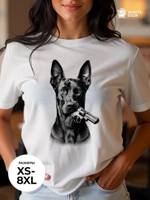 Stylish cotton T-shirt with Doberman with a Gun print L