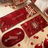 Tapete Oval Vermelho Festivo Antiderrapante para Quarto de Casamento ao Lado da Cama