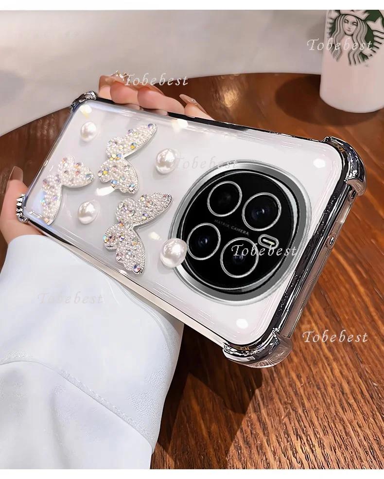 3D Perlen Schmetterling Stoßfest Verchromt Silikonhülle für Huawei Honor Magic 7 Lite 6 5 4 3 Pro Klar Transparent Rückseite