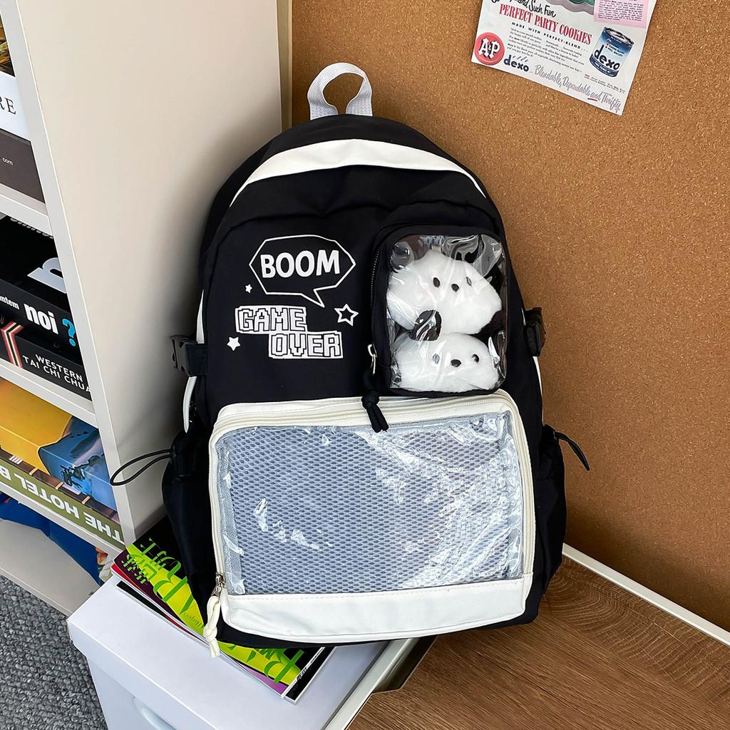 School Backpack Large Capacity Student Nylon With Letter Print And Transparent Layer Design For School Use чёрный