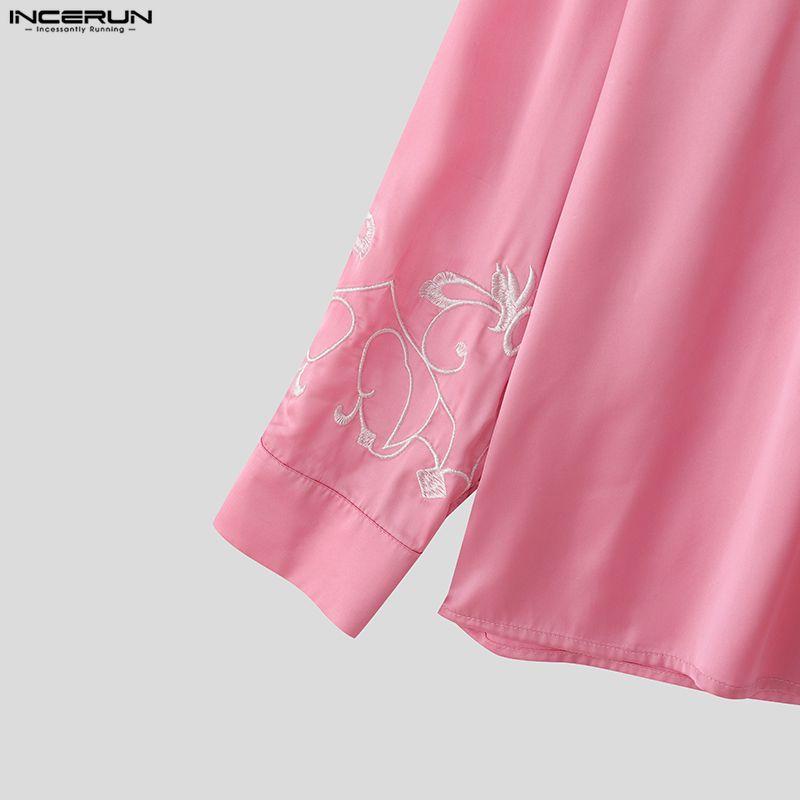 INCERUN Men Deep V Neck Long Sleeve Embroidery Casual Oversized Shirts