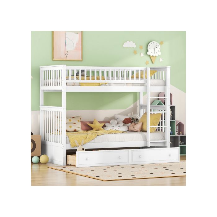 Lits superposés - MUVOE - 90x200cm - Blanc - Avec tiroirs - Sécurisé pour enfants