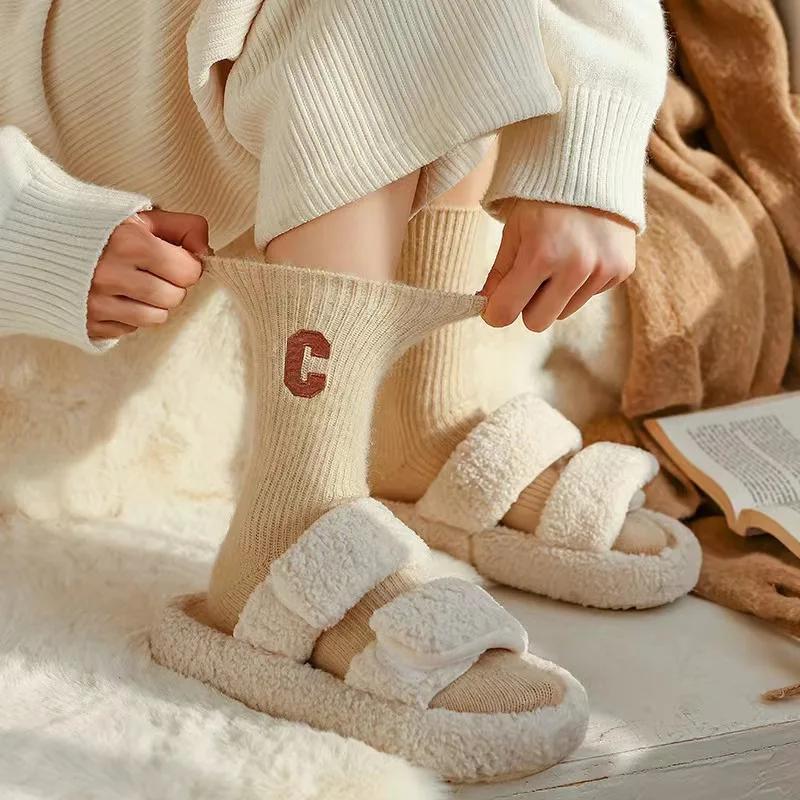Women Wool Socks Warm Winter Thick Cashmere Casual Japanese Fashion Solid Color Comfortable Home Sock Long High Quality