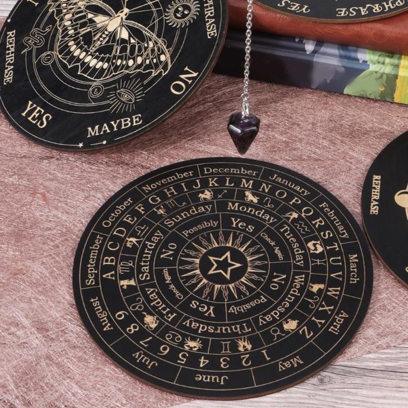 Divination Metaphysical Message Board Wooden Pendulum Board with Crystal Dowsing Pendulum Necklace Witchcrafts Supplies