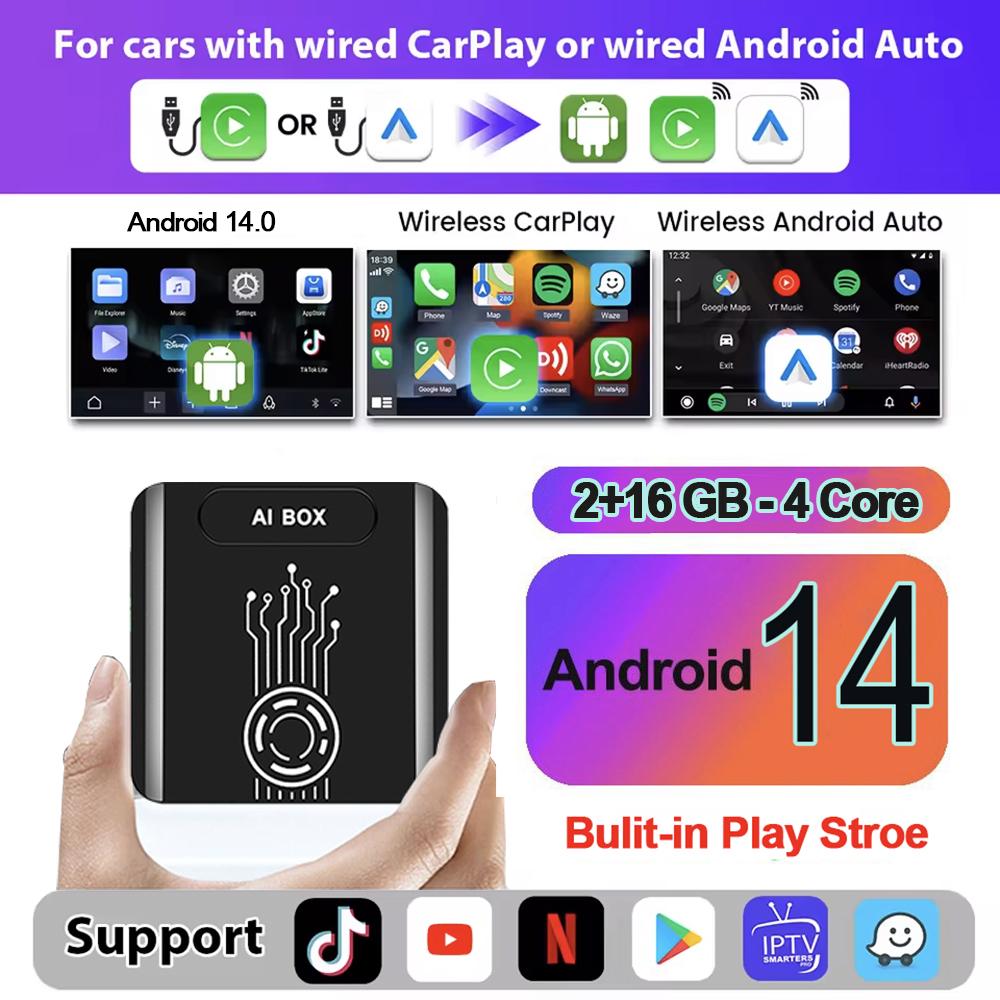 

5-в-1 CarPlay Ai Box Android 14 Умная система Беспроводной CarPlay/Android Auto 8-ядерный 8 ГБ ОЗУ + 128 ГБ ПЗУ Plug and Play Автоаксессуары