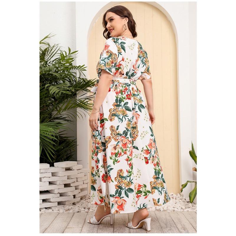 Summer Women Dress Short Sleeve High Waist V-Neck Midi Dress Plus Size Sexy Temperament Print Dress