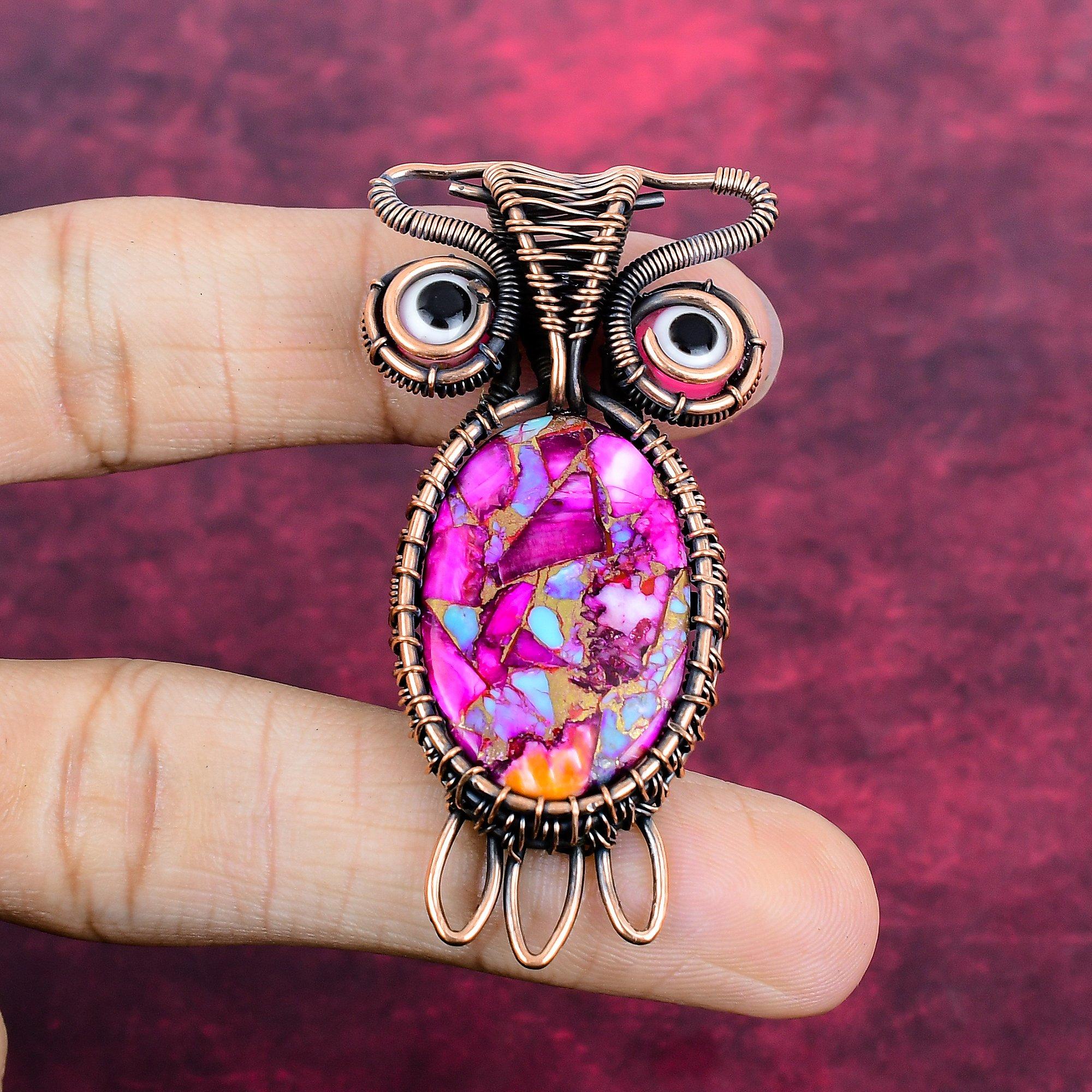 Natural Kingman Pink Dahlia Turquoise Pendant Copper Wire Wrapped Owl Jewelry