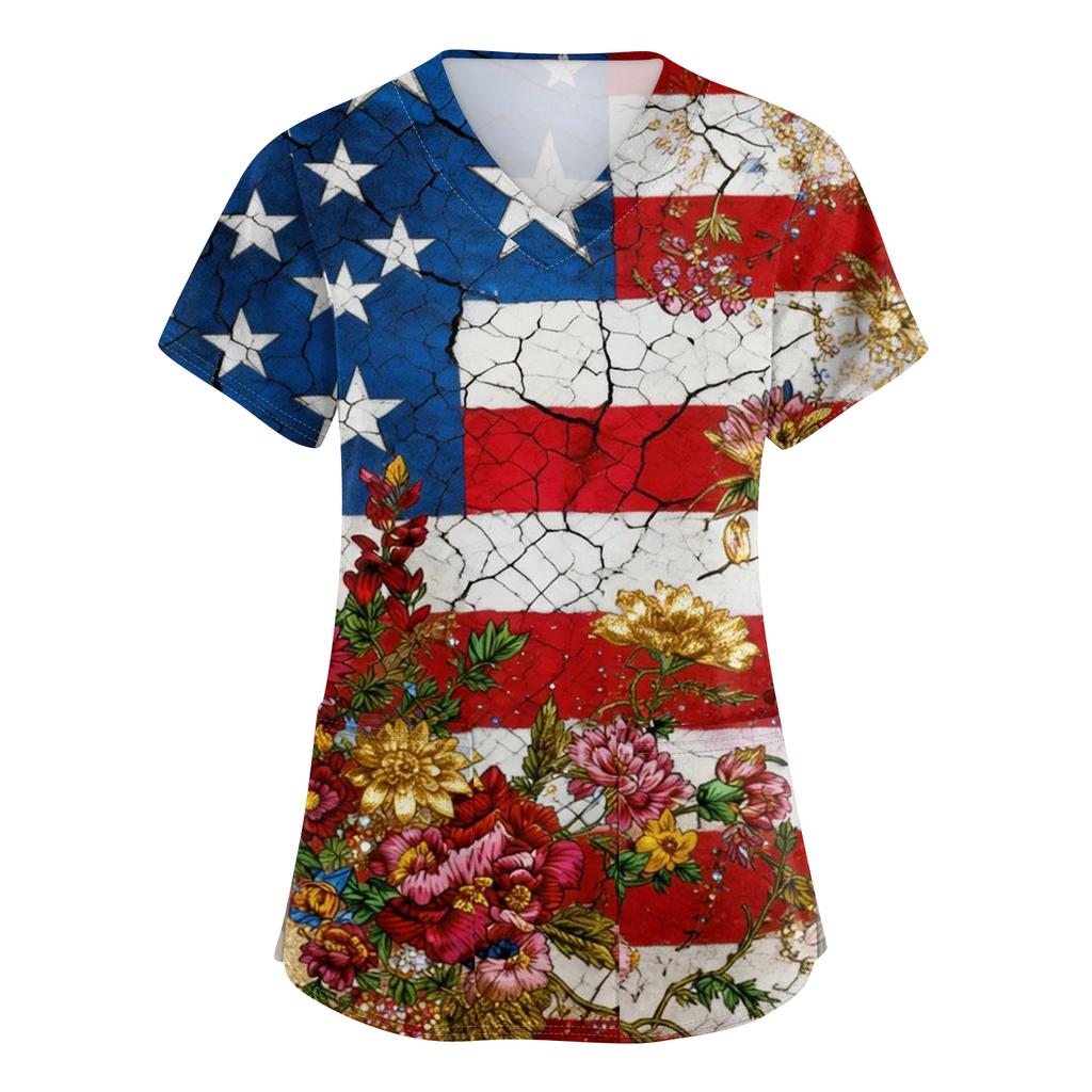 Damen Kurzarm Unabhängigkeitstag Aufdruck V-Ausschnitt Tasche Arbeitskleidung Oberteil
