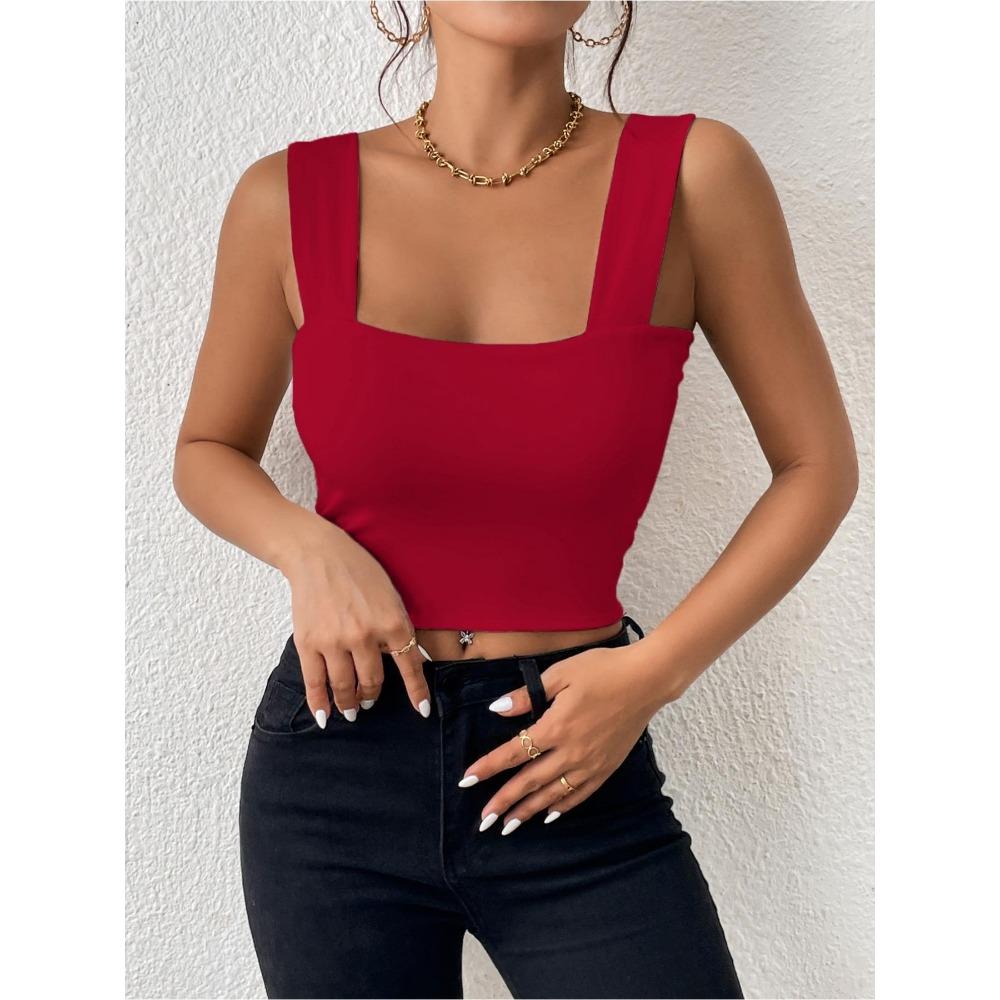 Čtvercový výstřih Tílko Široká ramínka Crop Tops Ženy Léto Košilka Jednobarevná Košilka Módní tubus Dámská zkrácená vesta bez rukávů Y2K Oblečení