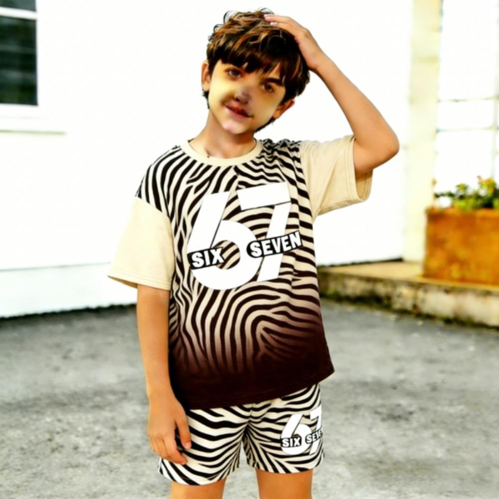 Gradient Zebra Color 67 Printed Kids T-shirt and Shorts 2 Piece Set Summer Casual Outfit for Boy's and Girl's Kids Clothing Top