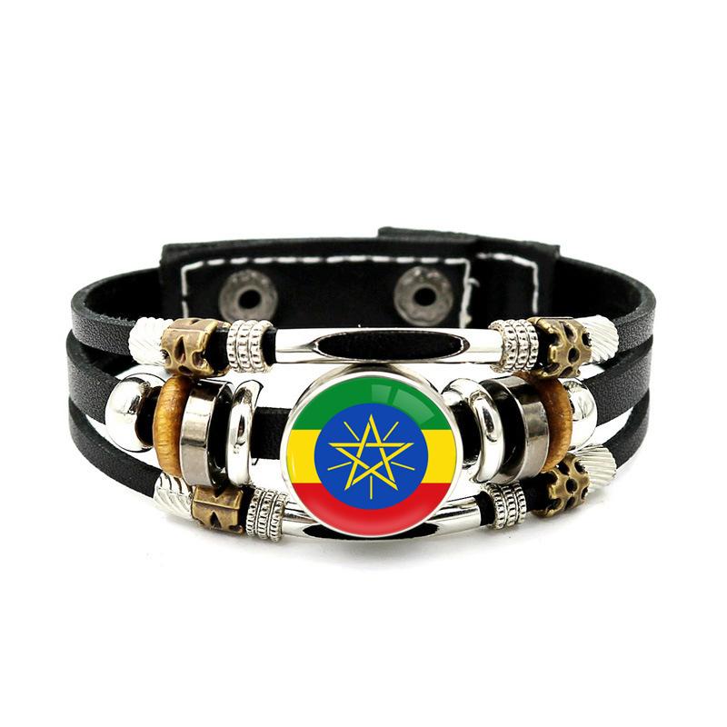 Factory National Country Flag Design Bracelet Crystal Bead Snap Button Sports National Team Jewelry Gift Leather Wrap Bracelet