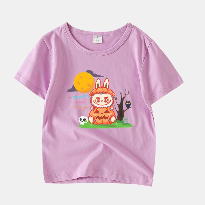 LABUBU Children's Short-sleeved T-shirt, 8 Colors, Comfortable T-shirt for Girls, Cute Cartoon Style,Halloween pumpkin LABUBU, Round Neck Top for Kids