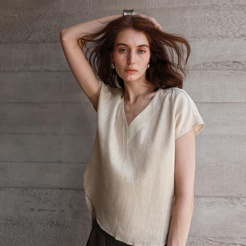 Exclusive for V-neck tops for women's front short and rear long solid color pure linen versatile short sleeves t