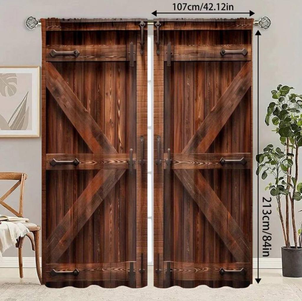 Retro wooden door pattern printed curtains, pole bag curtains, bedroom and living room, home decoration, room decoration