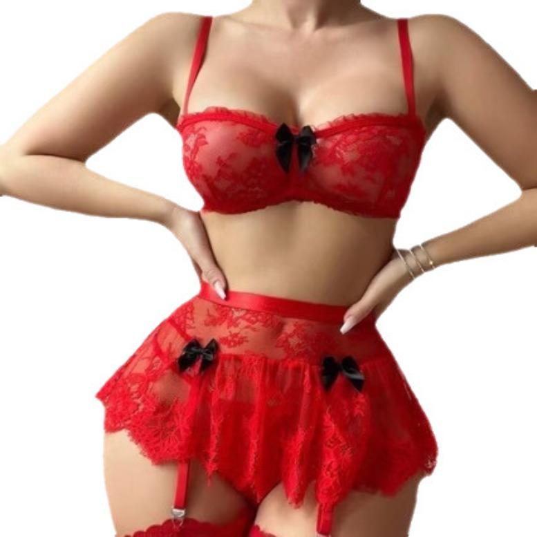 Sexy lingerie lace perspective splicing three-point bra set mesh garter belt women